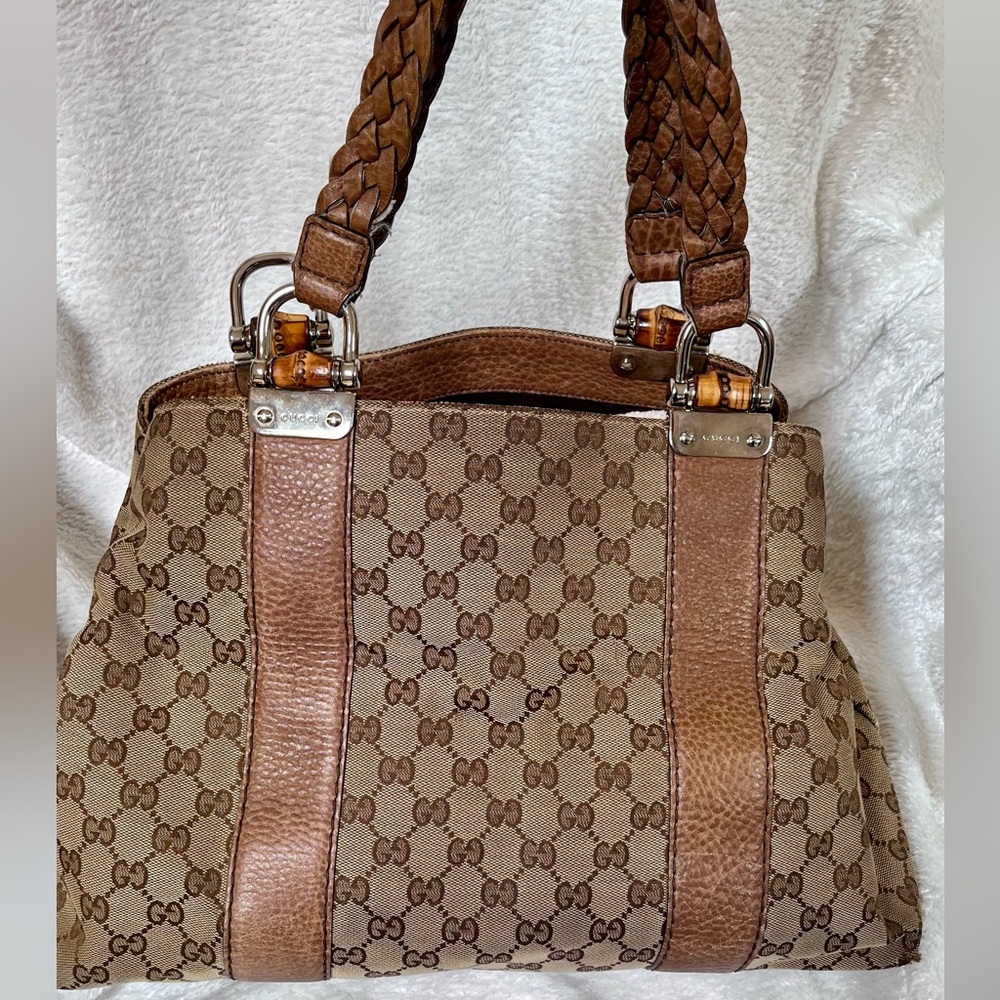 Auth GUCCI Bamboo GG Canvas Tote Bag Beige Brown Leather 232947 Used